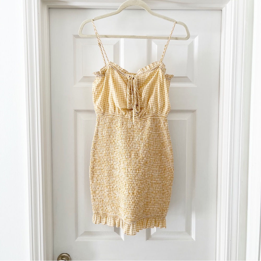 Lost + Wander Yellow Gingham Smocked Mini Jumpsuit
